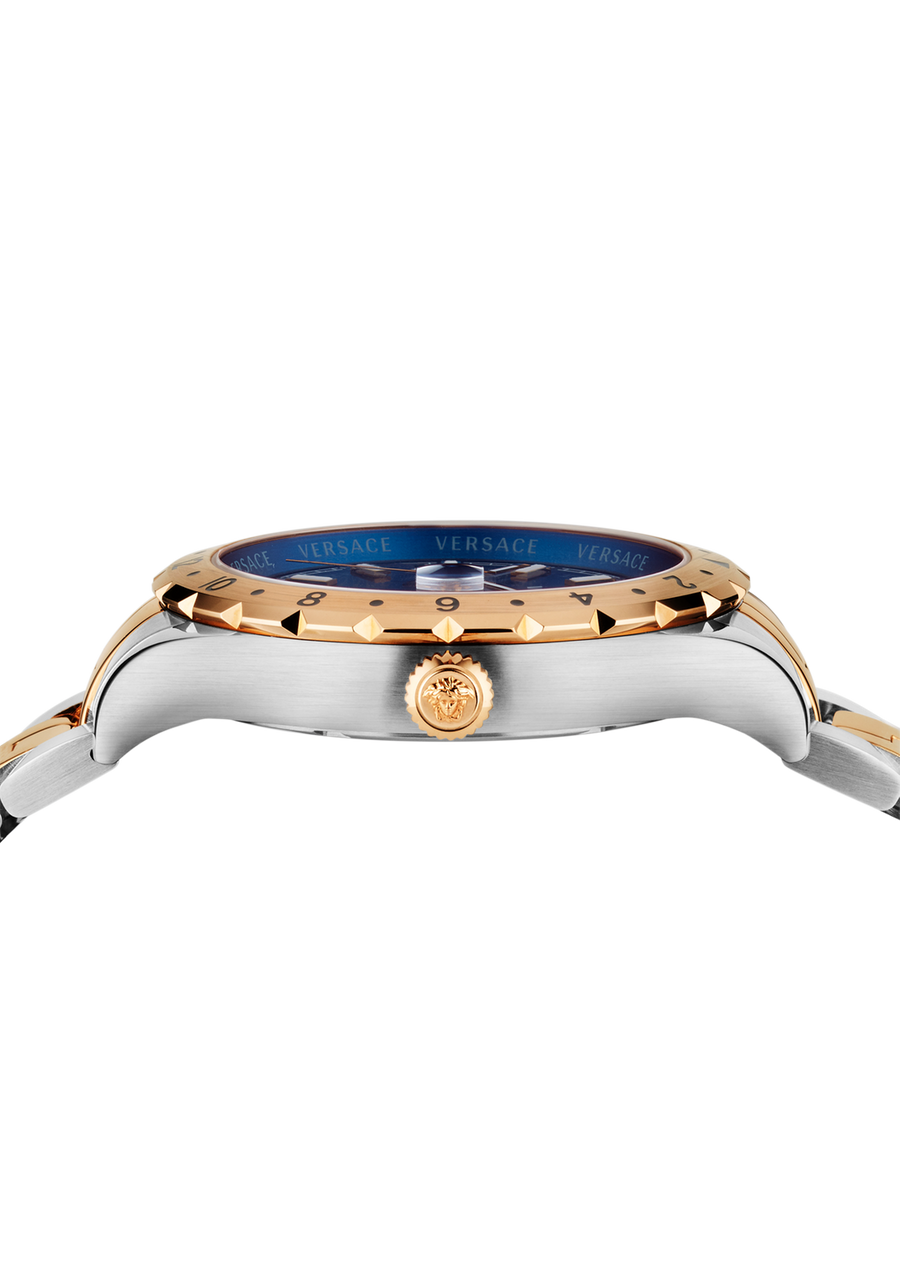 Versace Hellenyium GMT Herrenuhr Gold Silber Gehäuse Blaues Zifferblatt 42mm V11060017