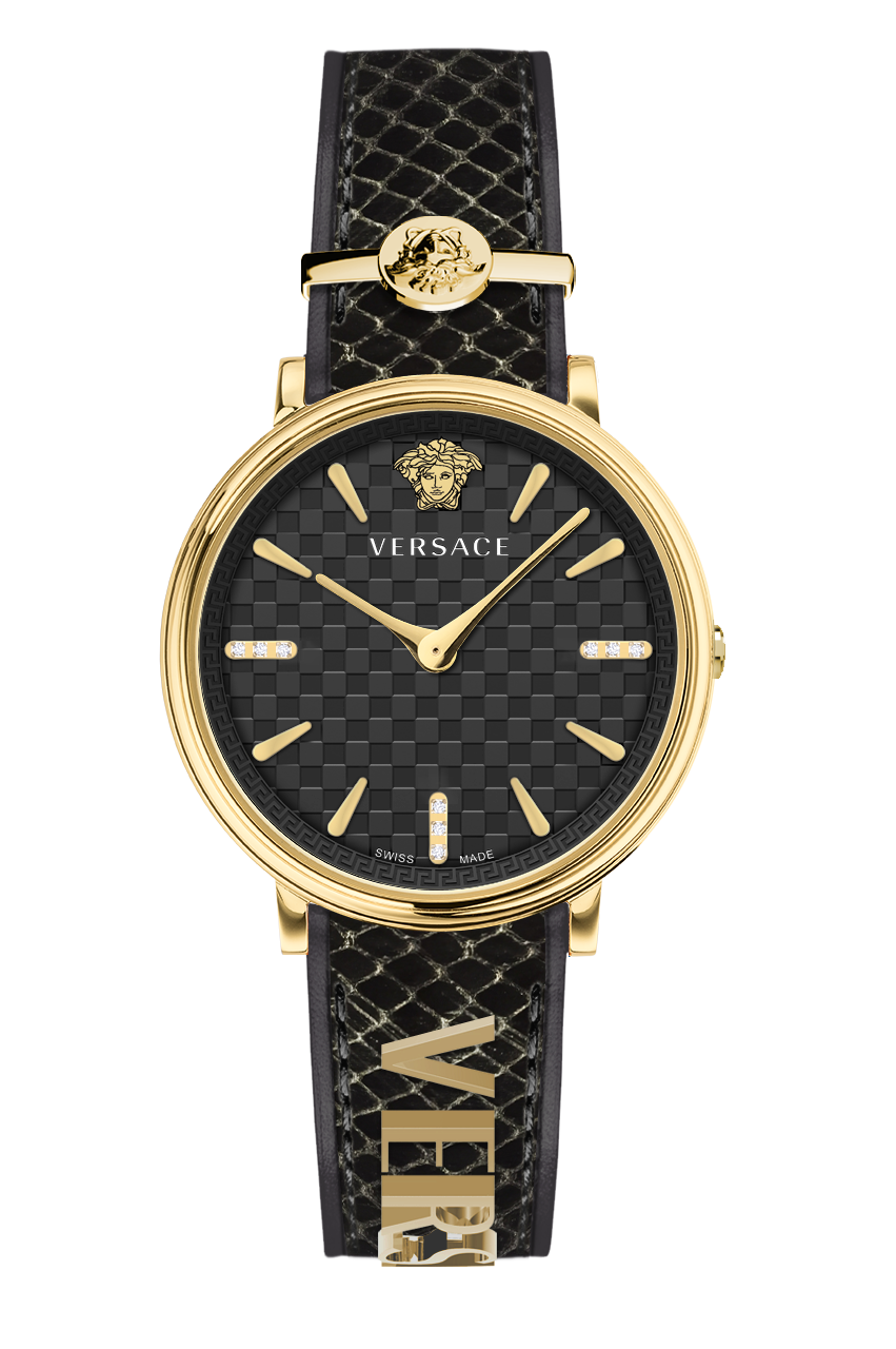 Versace Herren Armbanduhr  V-Circle 38 mm Versace-Schriftzug auf dem Armband Armband Leder VE8103219