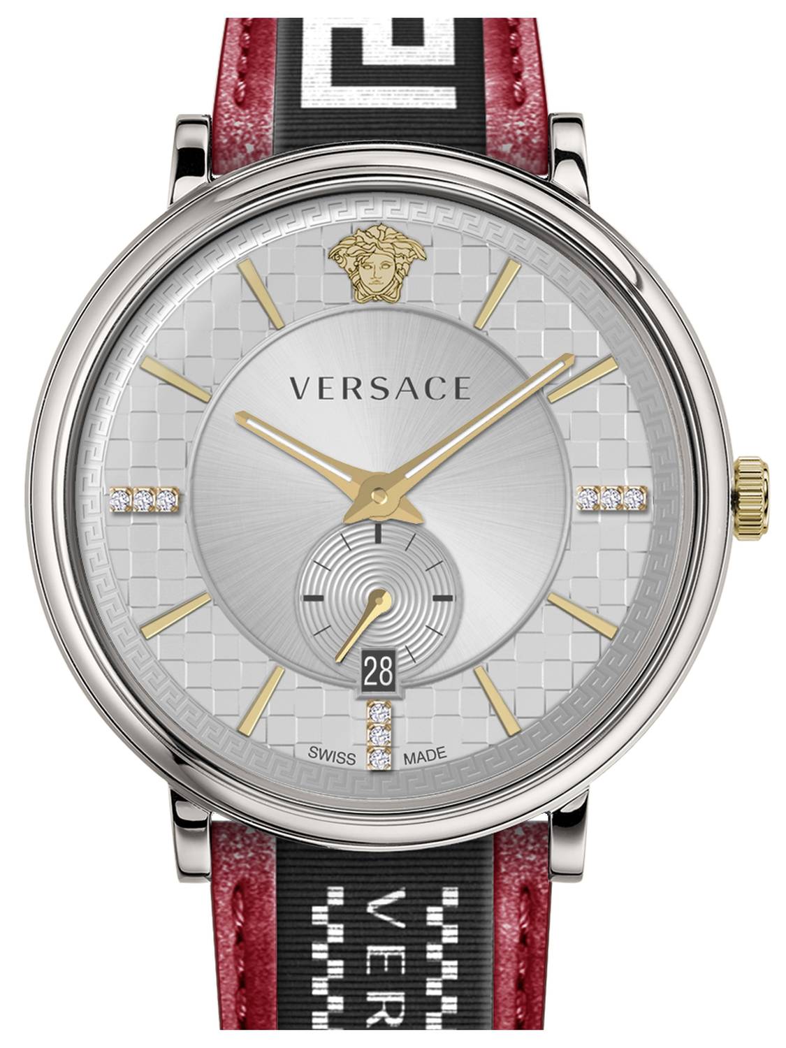 Versace Herren Armbanduhr  V-circle 42 mm Multifunktionszifferblatt mit Datumsfenster Armband Leder, Stoff VEBQ01919