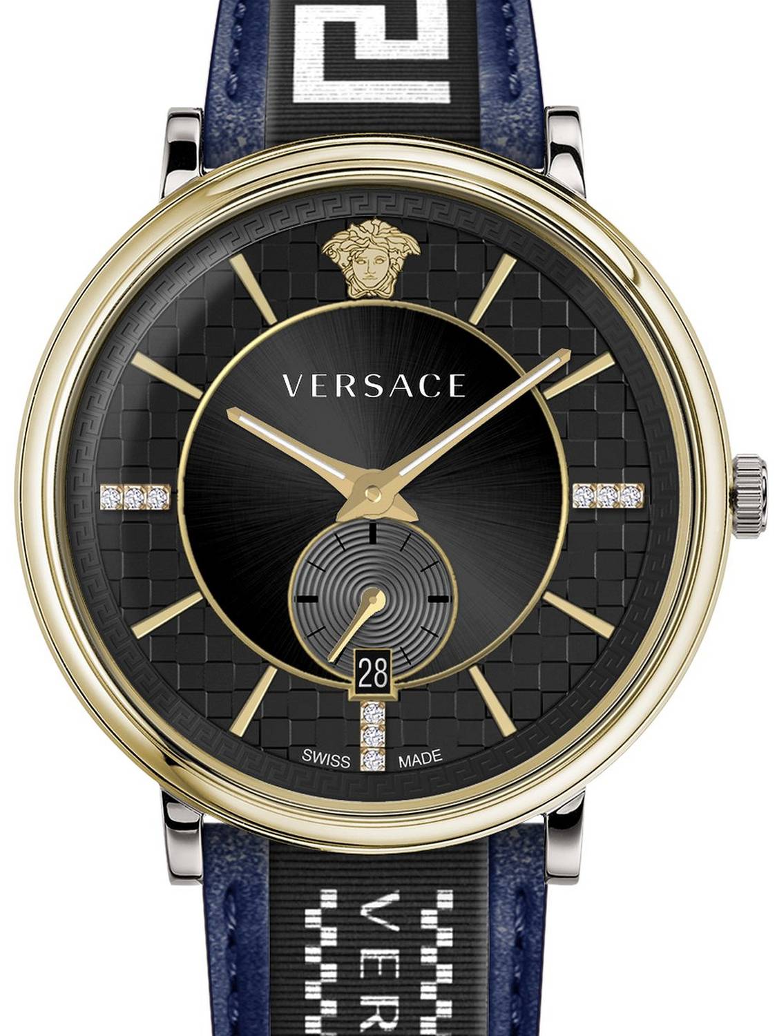 Versace Herren Armbanduhr  V-circle 42 mm Multifunktionszifferblatt mit Datumsfenster Armband Leder, Stoff VEBQ02019