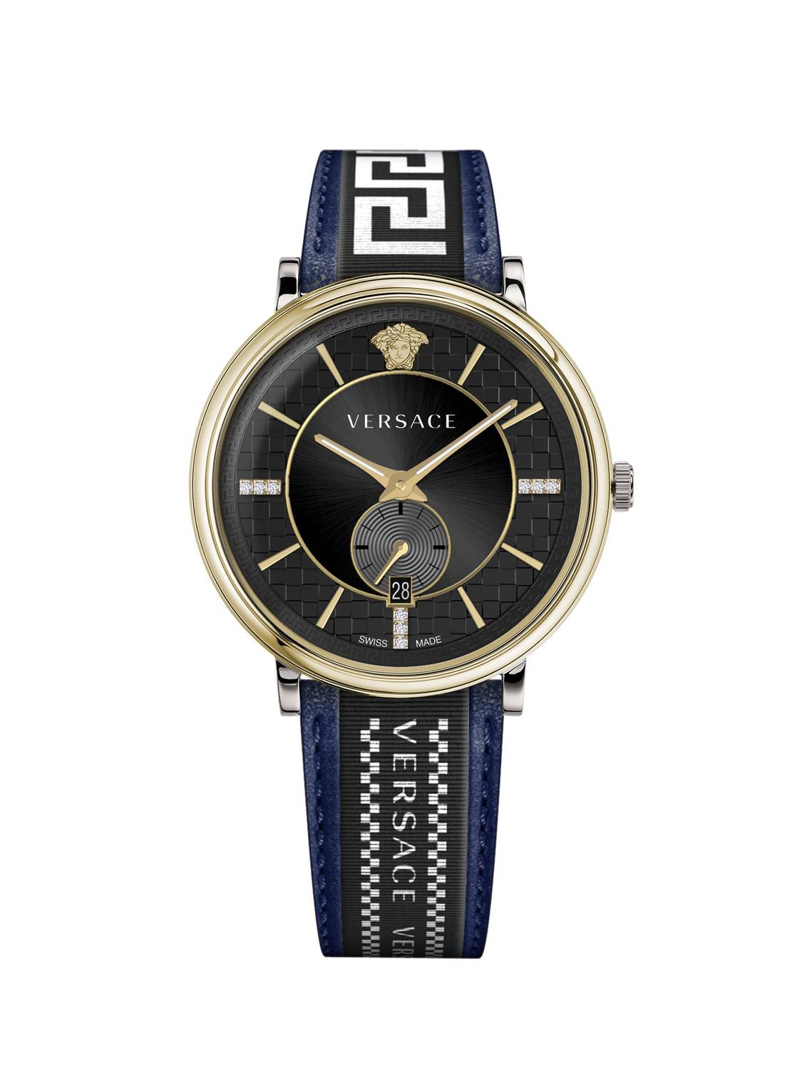 Versace Herren Armbanduhr  V-circle 42 mm Multifunktionszifferblatt mit Datumsfenster Armband Leder, Stoff VEBQ02019