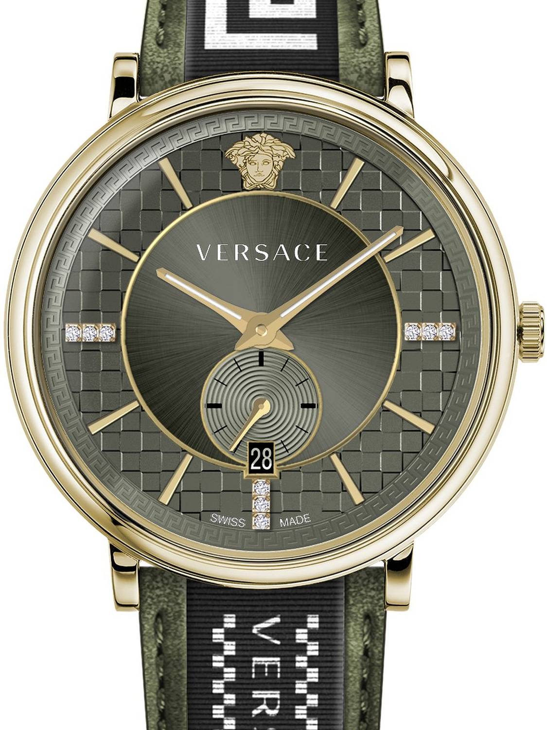 Versace Herren Armbanduhr  V-circle 42 mm Multifunktionszifferblatt mit Datumsfenster Armband Leder, Stoff VEBQ02119