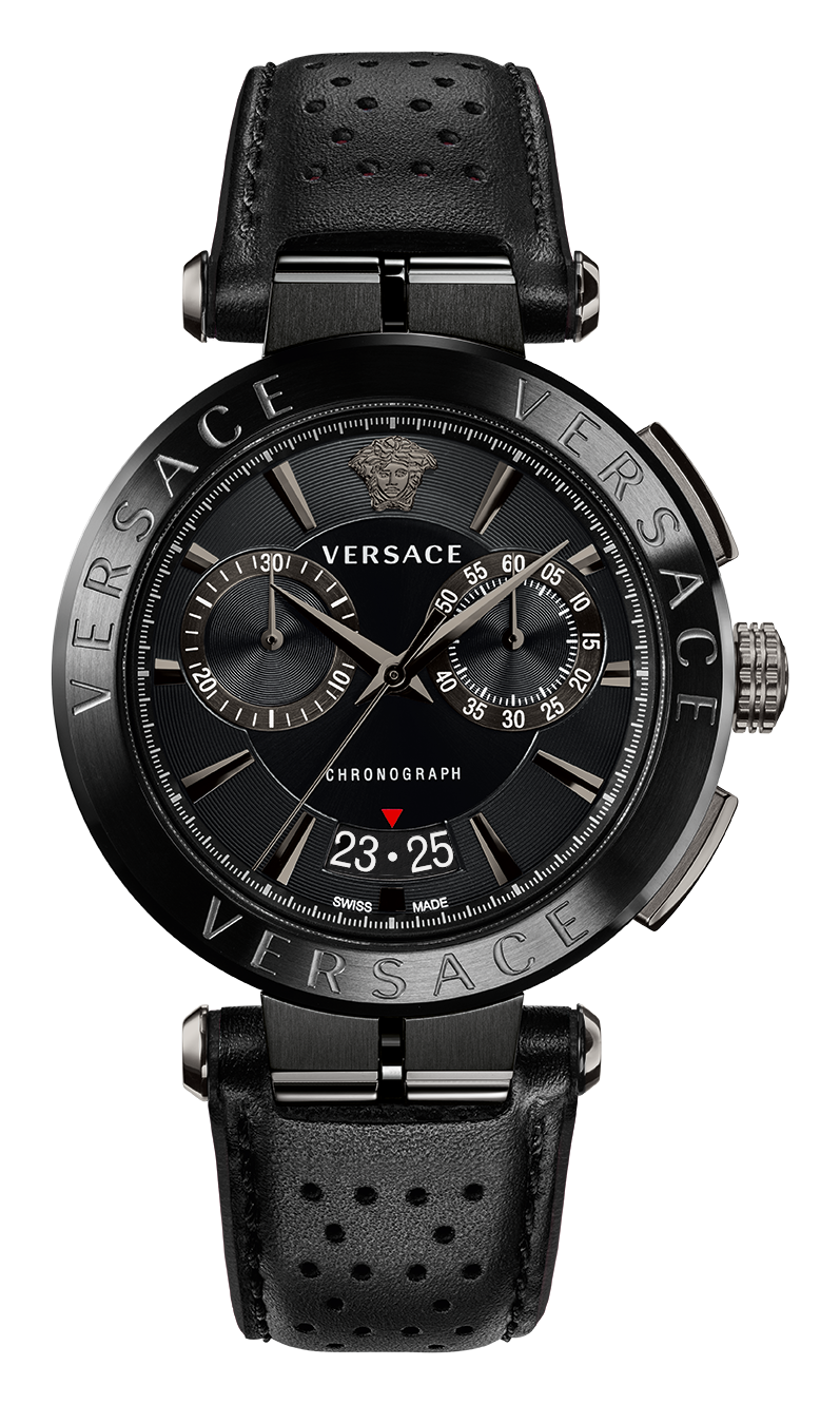 Versace Aion Chronograph Herrenuhr Schwarz Leder Schwarz Stahl 45mm