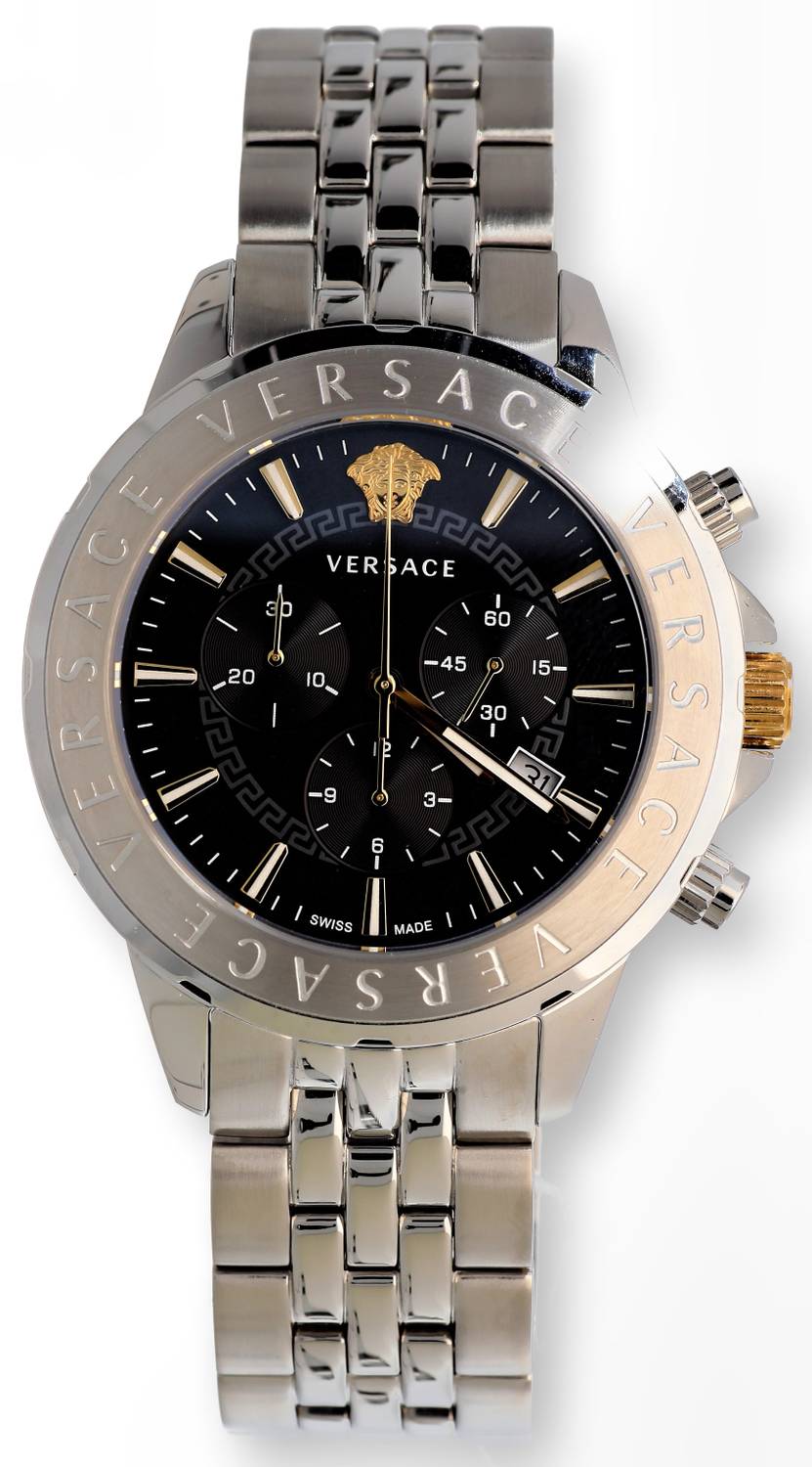 Versace Chronograph Signature Herrenuhr Silber Stahl Schwarz Zifferblatt 44mm VEV600419