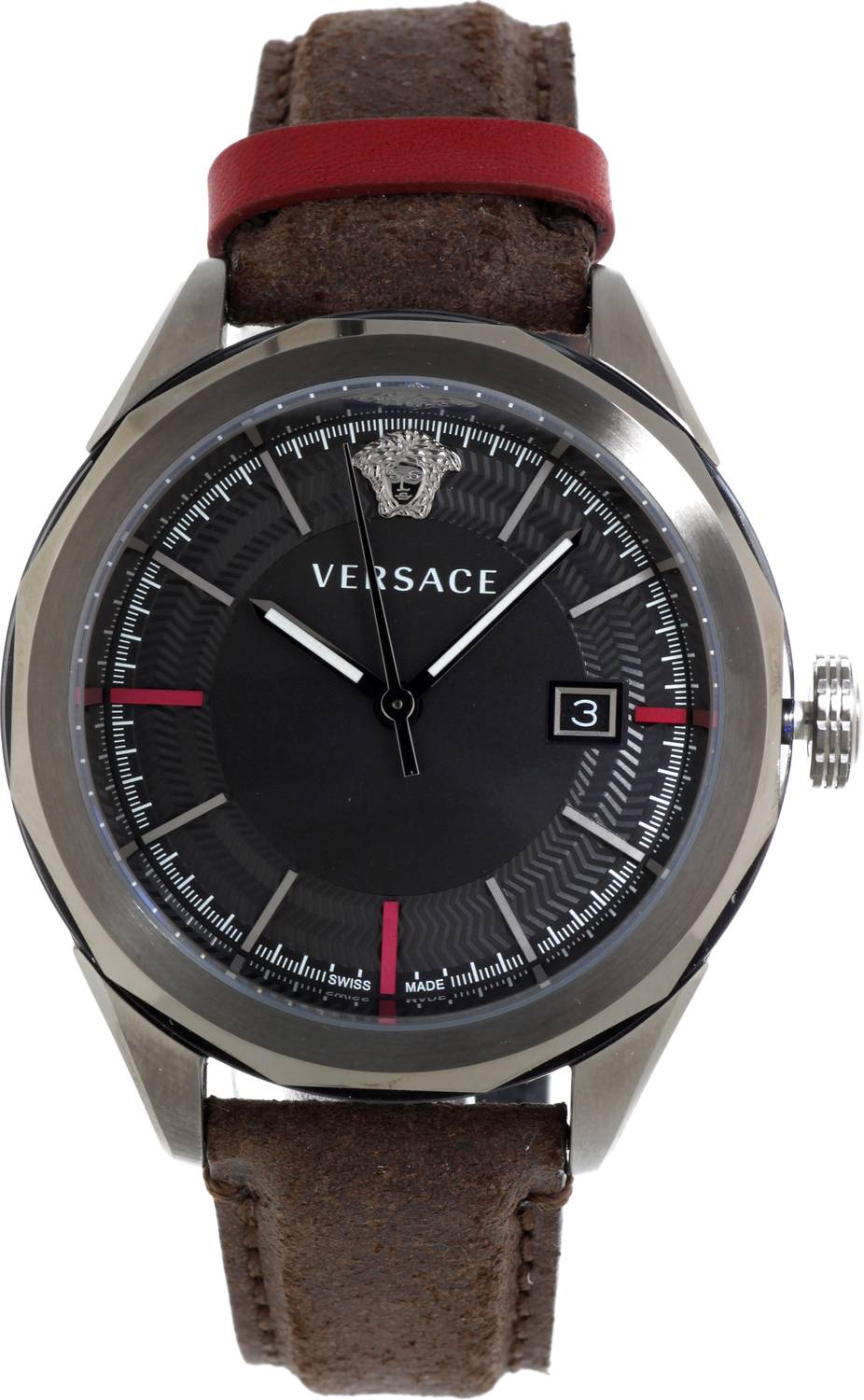 Versace Glaze Herrenuhr Dunkelgrau Braun Leder Silber Stahl 43mm VERA00418