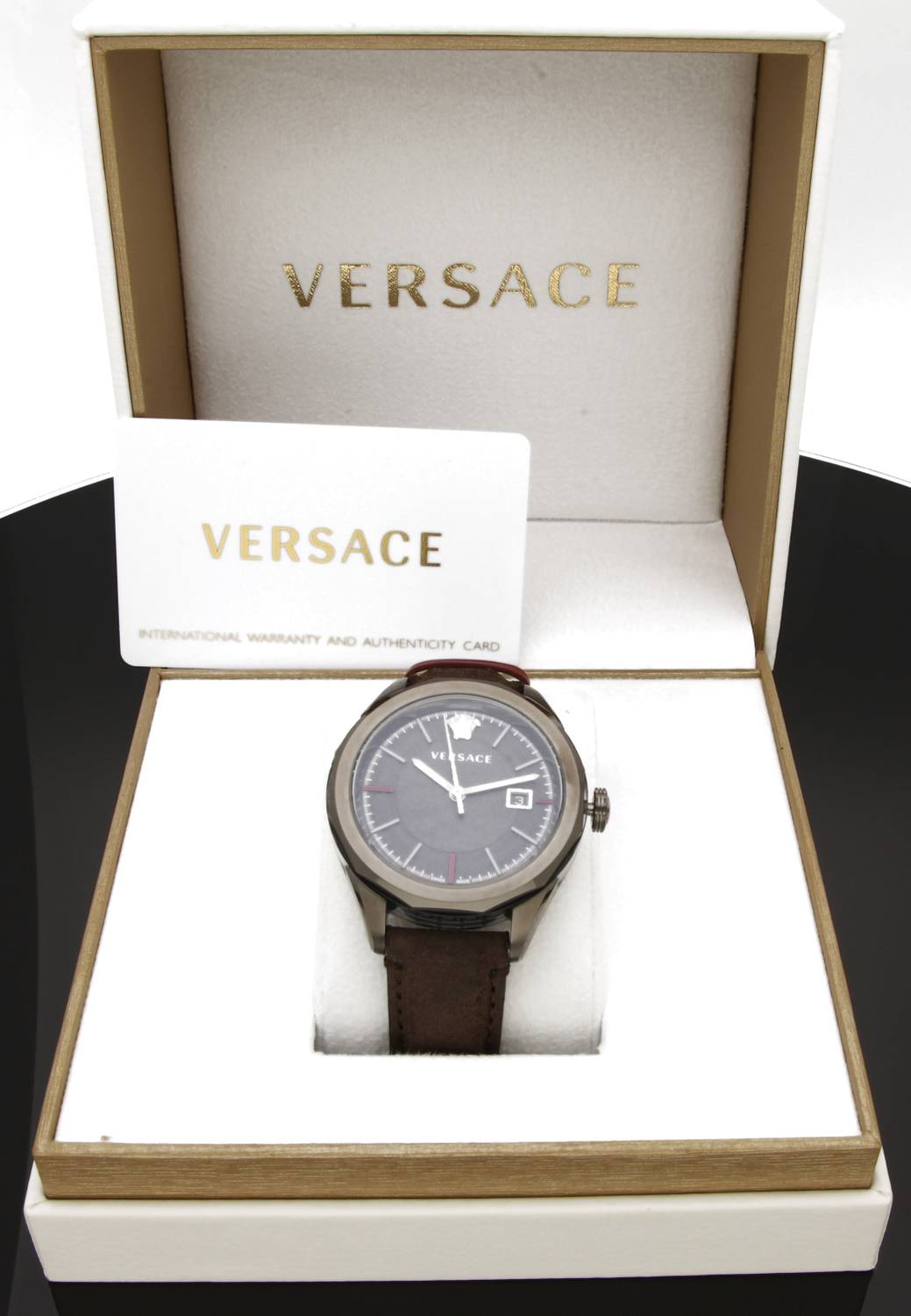 Versace Glaze Herrenuhr Dunkelgrau Braun Leder Silber Stahl 43mm VERA00418