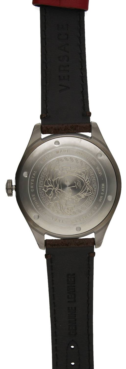 Versace Glaze Herrenuhr Dunkelgrau Braun Leder Silber Stahl 43mm VERA00418