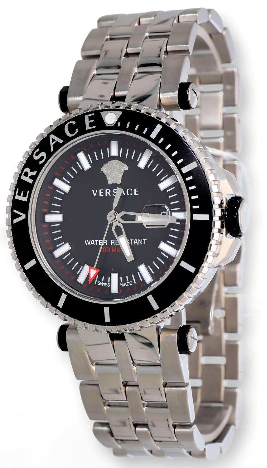 Versace V-Race Diver Herrenuhr Silber Stahl Schwarzes Zifferblatt 46mm VEAK00318