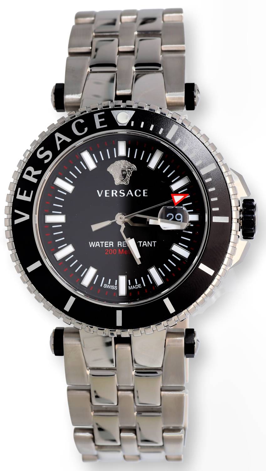 Versace V-Race Diver Herrenuhr Silber Stahl Schwarzes Zifferblatt 46mm VEAK00318