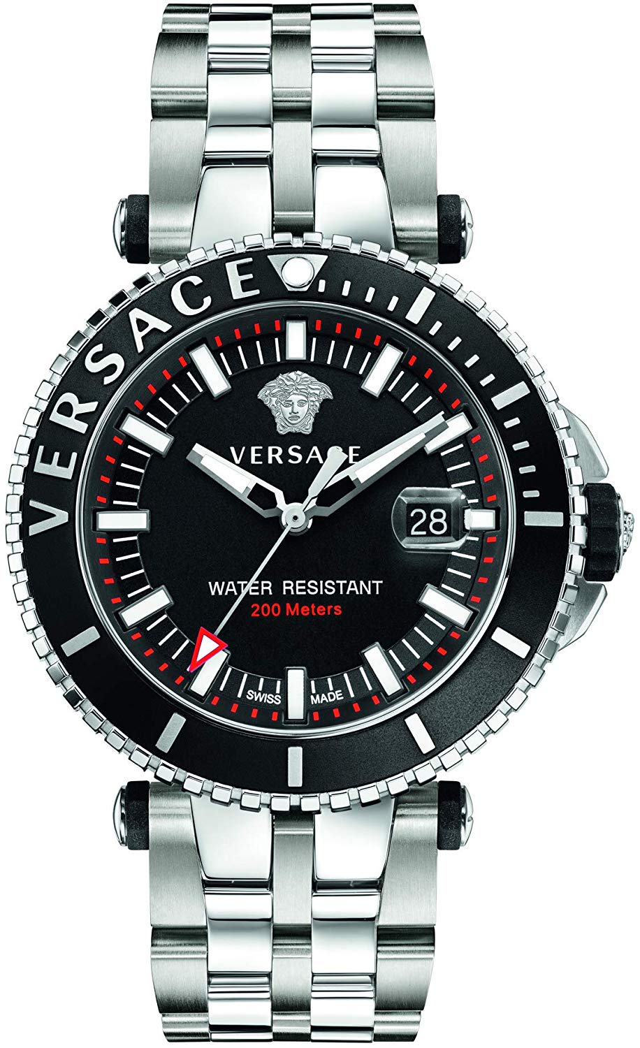 Versace V-Race Diver Herrenuhr Silber Stahl Schwarzes Zifferblatt 46mm VEAK00318