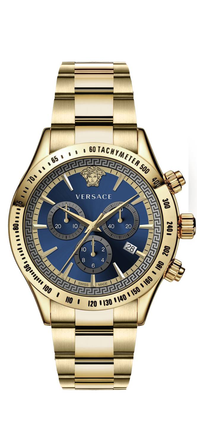 Versace Herrenuhr Chrono Classic Gold Stahl Blau Zifferblatt 44mm VEV700619