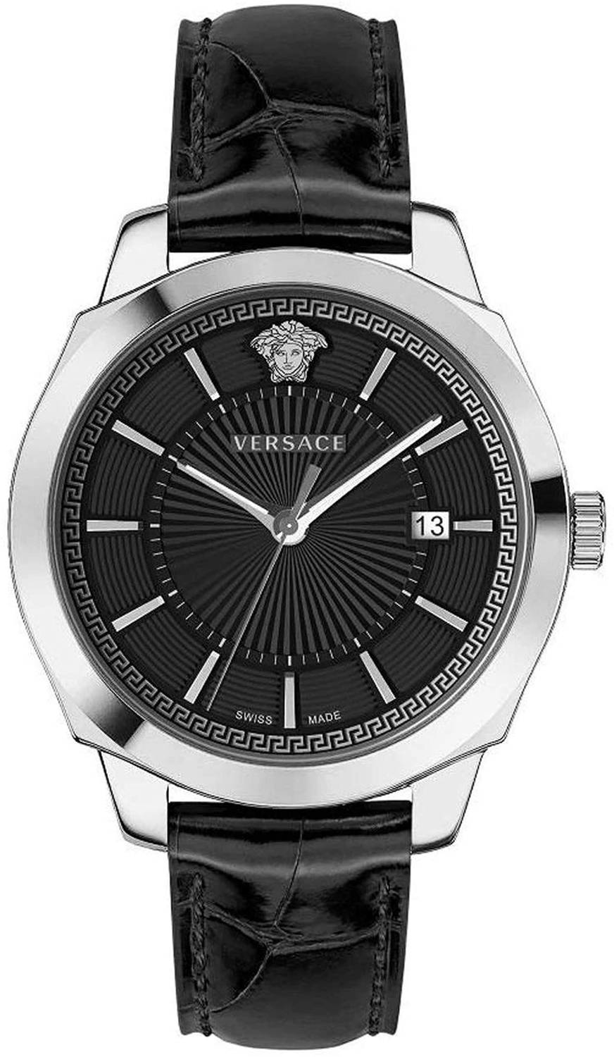 Versace Icon Classic Herrenuhr Schwarzes Leder Silber Stahlgehäuse 42mm VEV900119