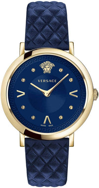 Thumbnail for Versace Pop Chic Damenuhr Blaues Leder Gold Stahl Blaues Zifferblatt 36mm VEVD00319