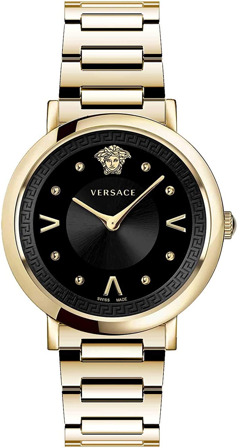 Versace Pop Chic Damenuhr Gold Stahlarmband Gehäuse Schwarzes Zifferblatt 36mm VEVD00619