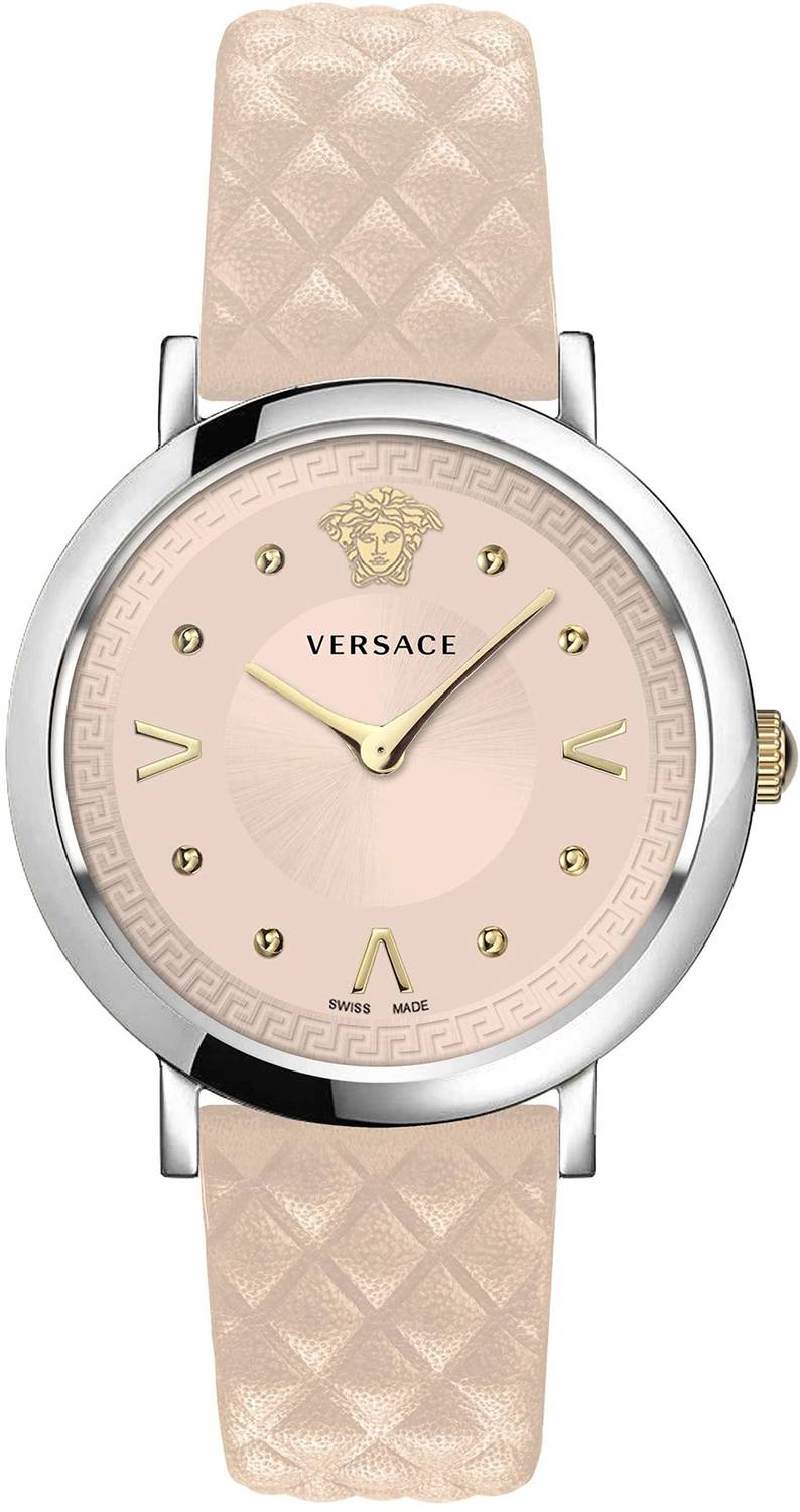 Versace Pop Chic Damenuhr Pink Leder Silber Stahl rosa Zifferblatt 36mm VEVD00219