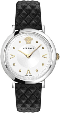 Thumbnail for Versace Pop Chic Damenuhr Schwarzes Leder Silber Stahlgehäuse 36mm VEVD00119