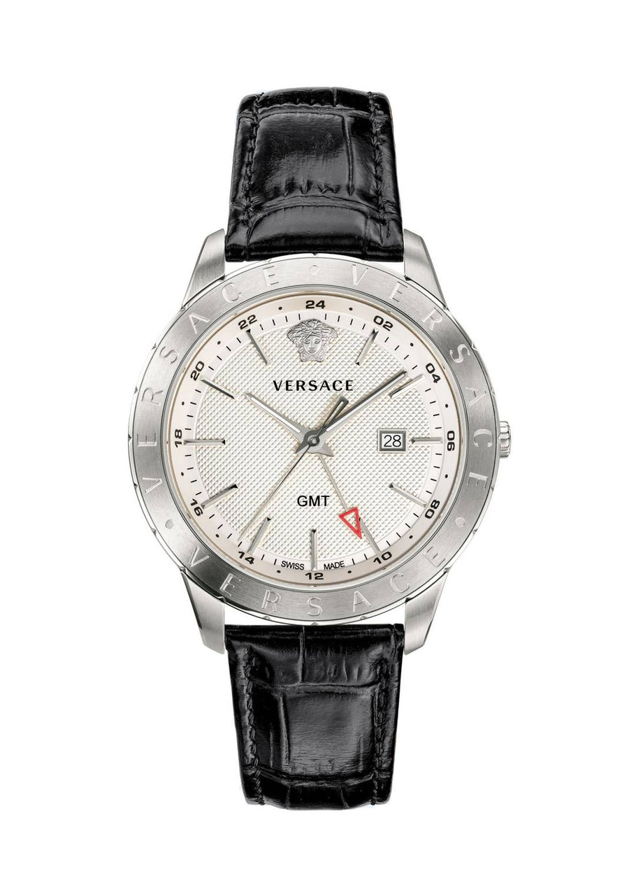 Versace Univers Herrenuhr Schwarz Leder Silber Edelstahl GMT 43mm VEBK00918