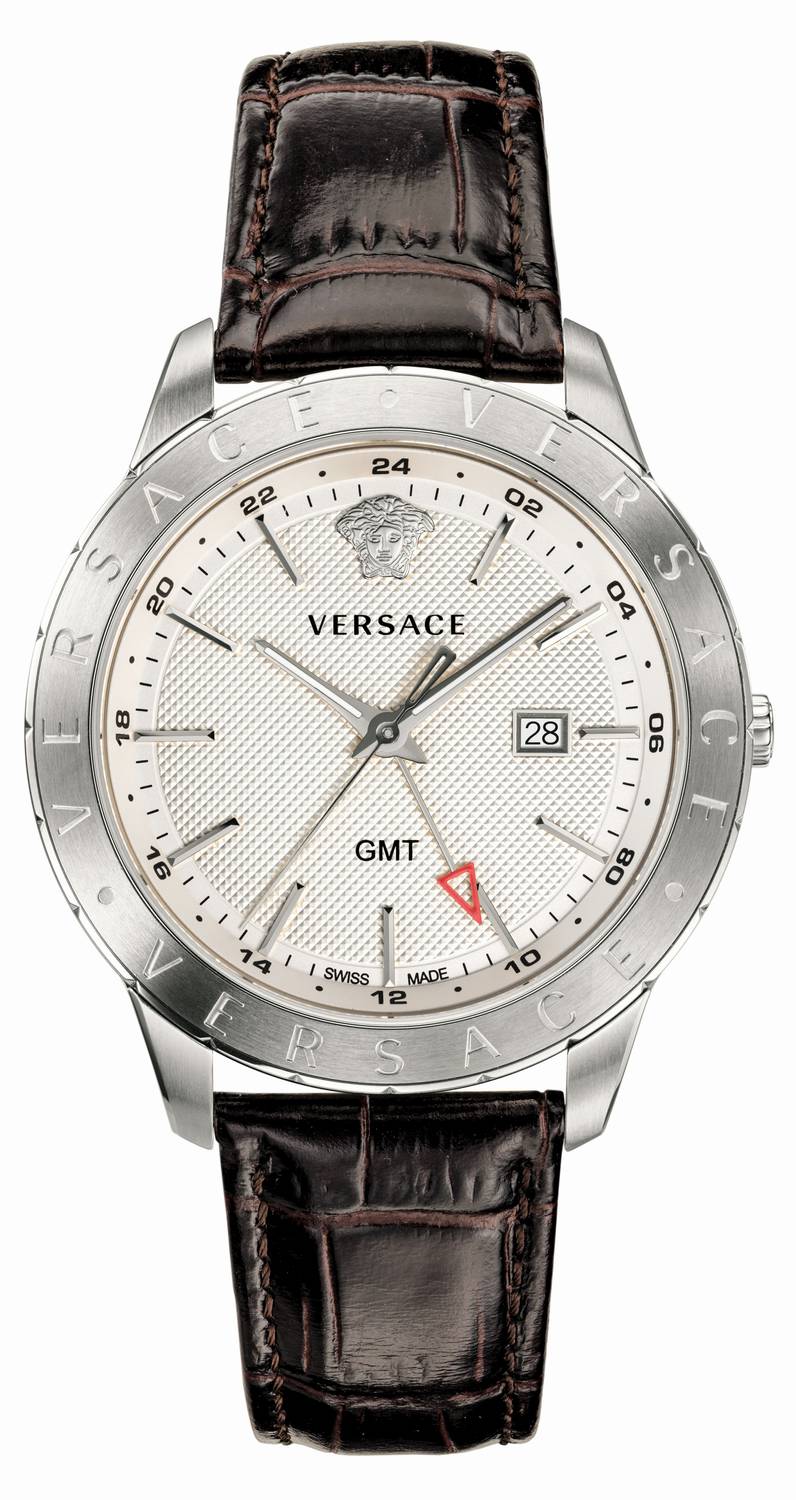 Versace Univers Herrenuhr Braun Leder Silber Stahl GMT 43mm VEBK00118