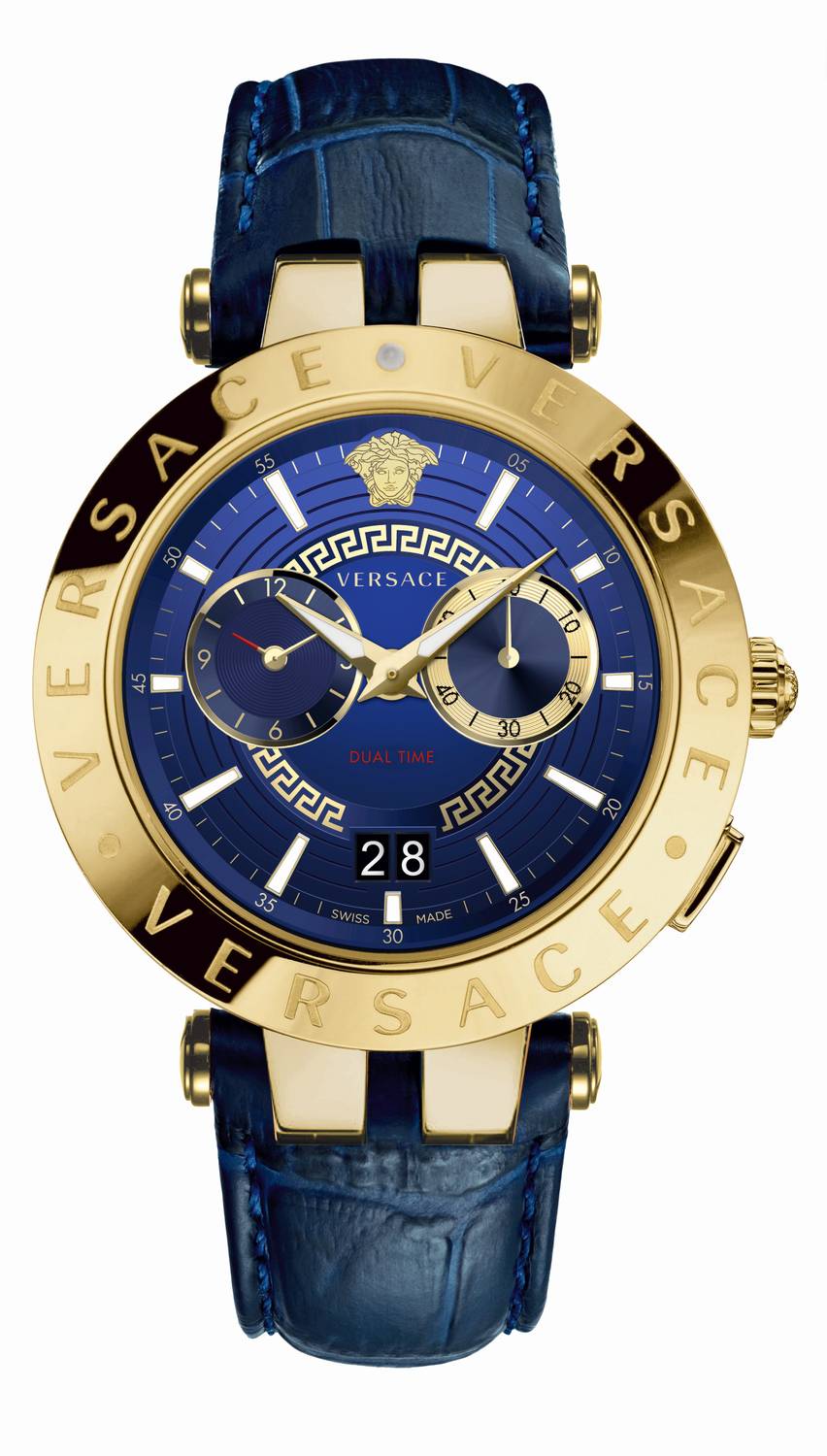 Versace V-Race Herrenuhr Blue Leather Gold Steel Blue Dial 46mm VEBV00219