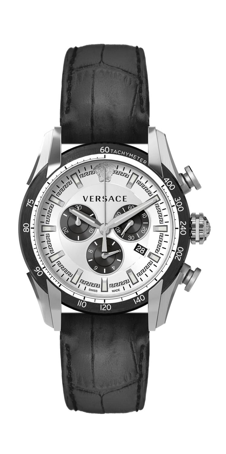 Versace V-Ray Herrenuhr Chronograph Schwarz Leder Silber Stahl 44mm VEDB00519