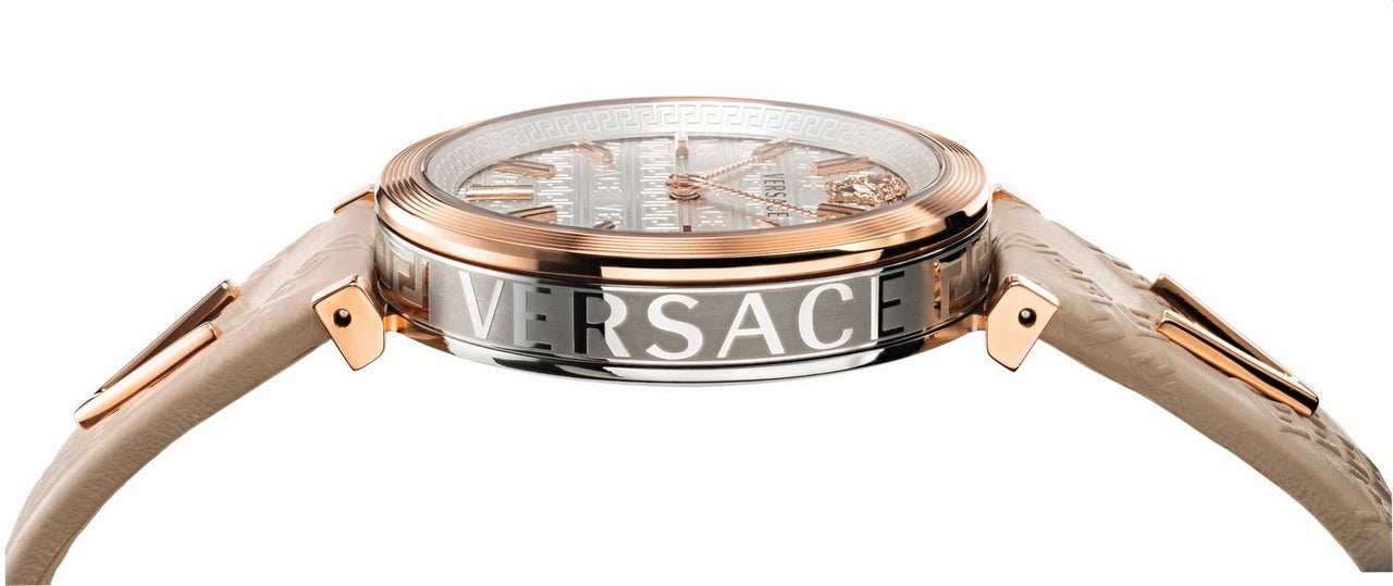 Versace V-Twist Damenuhr Elfenbein Leder Silber Roségold Stahl 36mm VELS00419