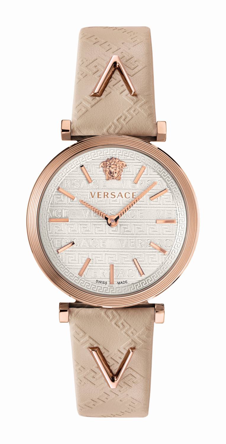 Versace V-Twist Damenuhr Elfenbein Leder Silber Roségold Stahl 36mm VELS00419