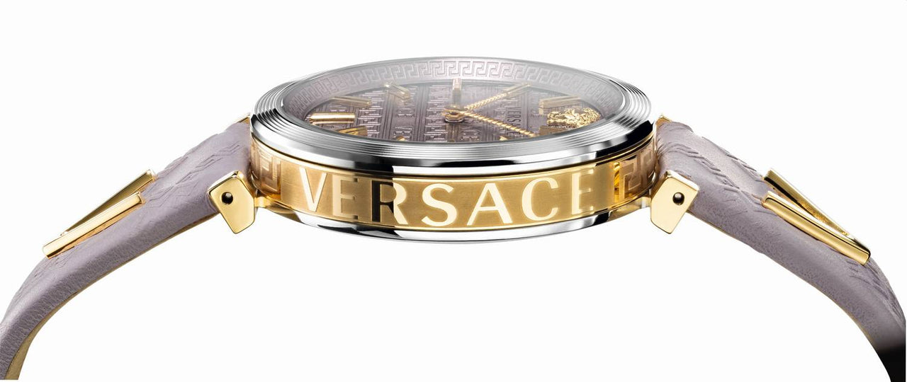 Versace V-Twist Damenuhr Hellrosa Leder Silber Gold Stahl 36mm VELS00219