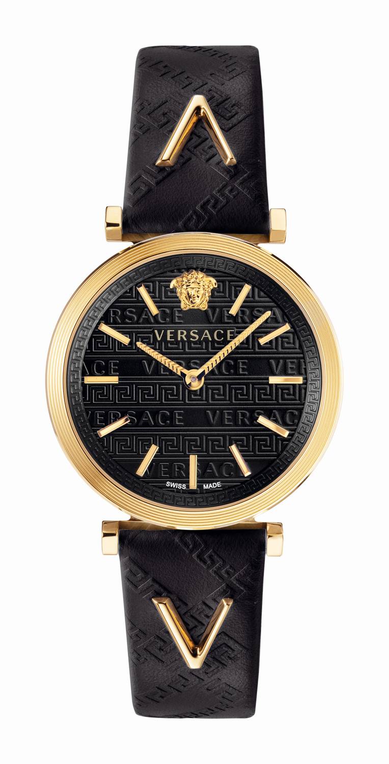 Versace V-Twist Damenuhr Schwarzes Leder Gold Stahl Schwarzes Zifferblatt 36mm VELS00619