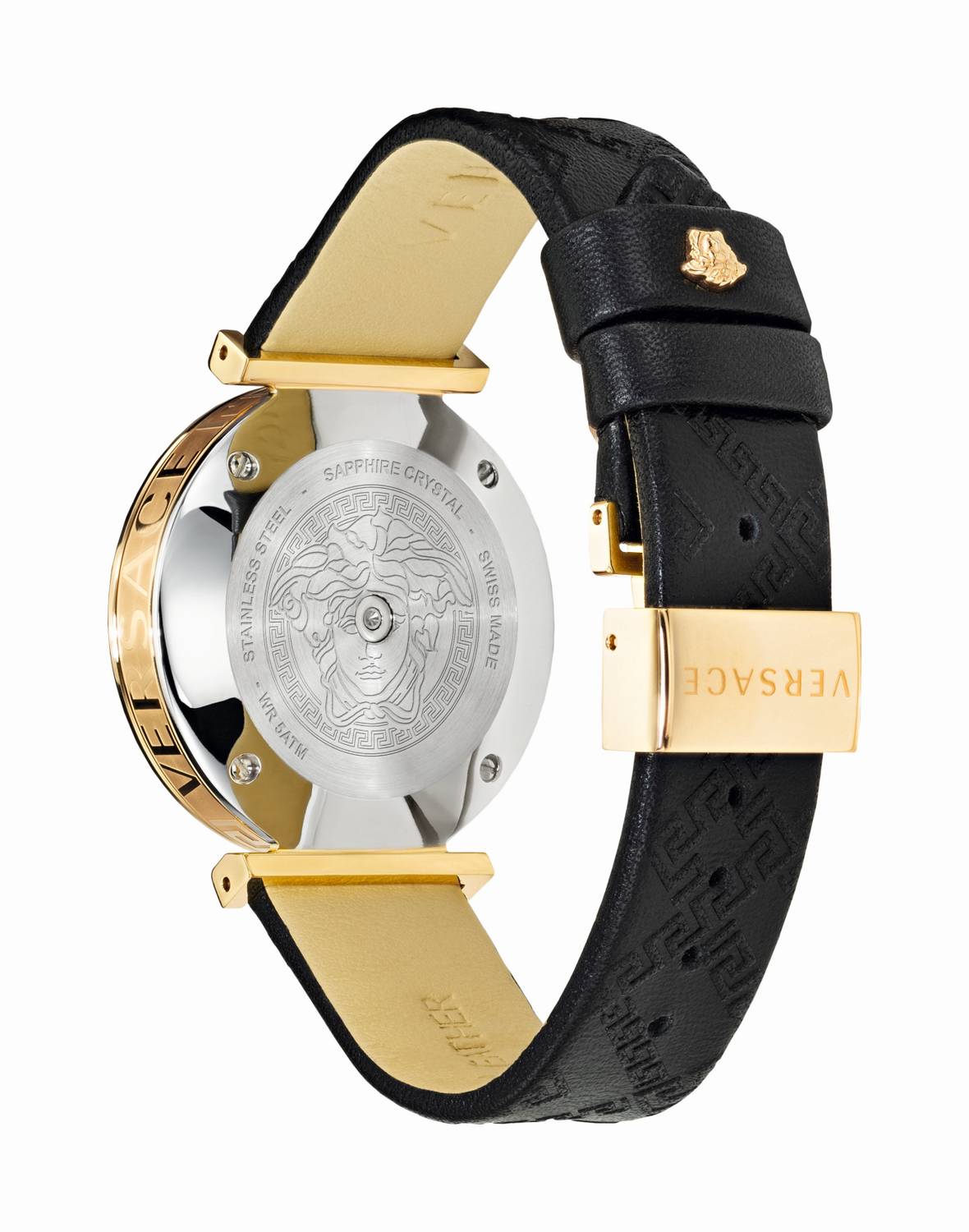 Versace V-Twist Damenuhr Schwarzes Leder Gold Stahl Schwarzes Zifferblatt 36mm VELS00619