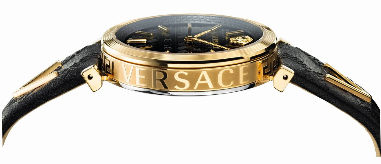 Versace V-Twist Damenuhr Schwarzes Leder Gold Stahl Schwarzes Zifferblatt 36mm VELS00619